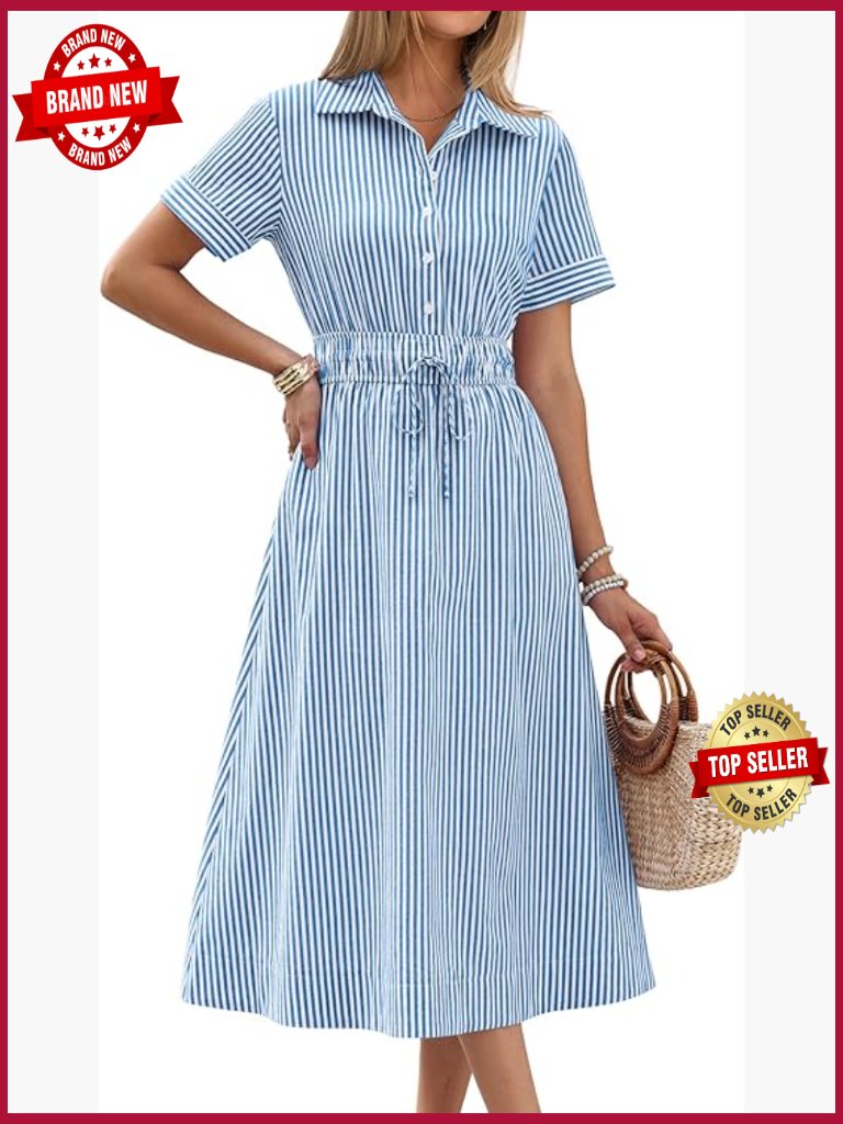 Striped Button Down Midi Dress With Pockets